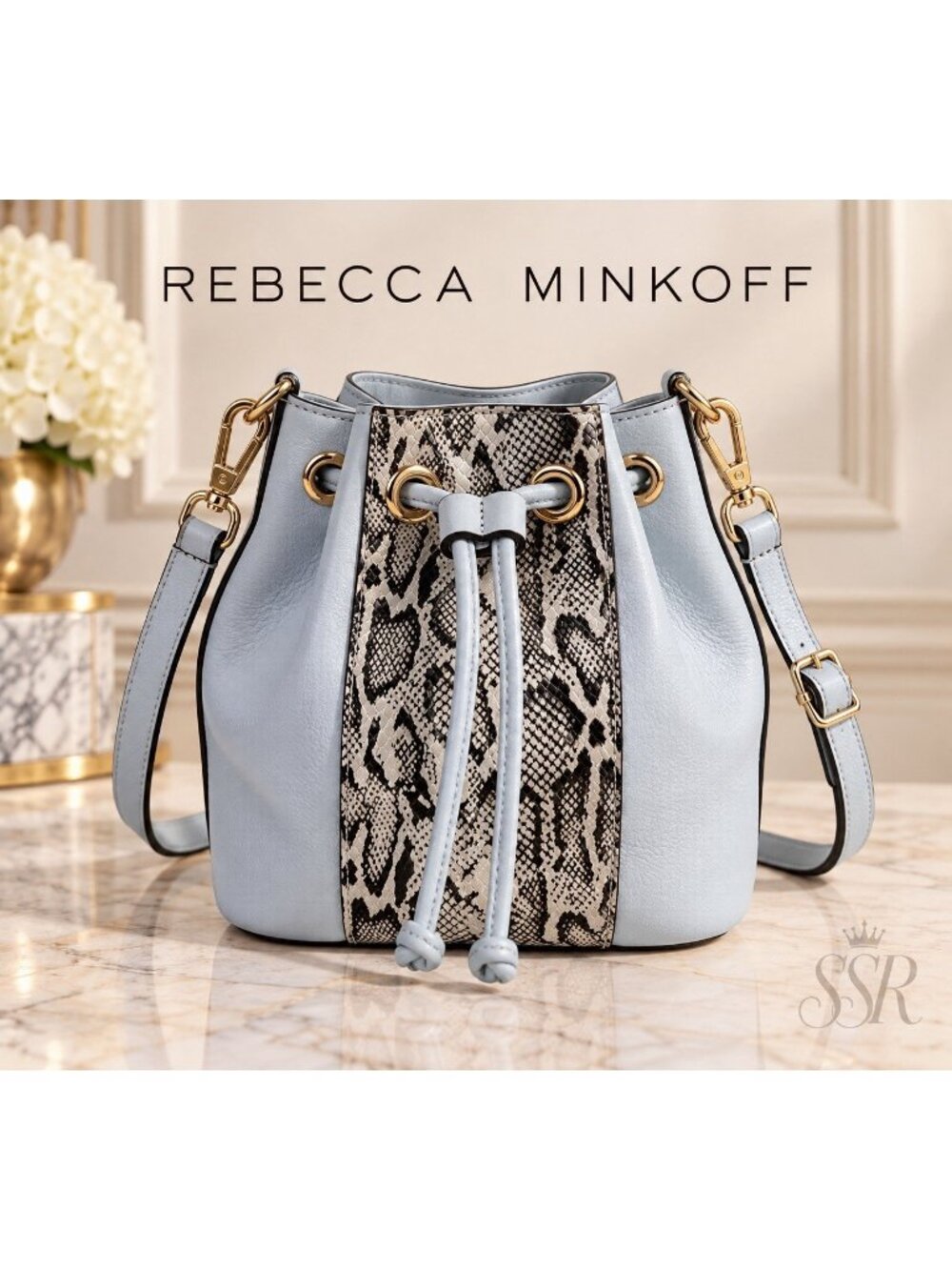 Rebecca Minkoff Blue Snakeskin Print Mini Bucket Crossbody Bag Purse